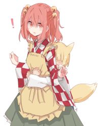Rule 34 | !, 1boy, 1girl, apron, bell, blonde hair, blush, character name, checkered clothes, checkered shirt, child, green skirt, hair bell, hair between eyes, hair ornament, hands up, heavy breathing, height difference, hug, hug from behind, kitsune, looking back, looking down, motoori kosuzu, open mouth, red hair, shiroshi (denpa eshidan), shirt, short hair, simple background, skirt, surprised, touhou, two side up, white background, wide sleeves