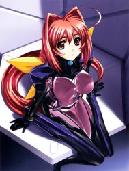 Rule 34 | 1girl, absurdres, ahoge, bodysuit, bou (inubou), bow, breasts, cleavage, covered navel, from above, full body, hair bow, hair intakes, highres, indoors, kagami sumika, large breasts, long hair, looking at viewer, looking up, low ponytail, muv-luv, muv-luv alternative, official art, open mouth, pilot suit, pink bodysuit, ponytail, red eyes, red hair, shiny clothes, solo, thigh gap, very long hair