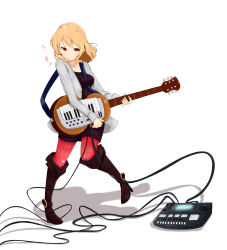 Rule 34 | 1girl, between breasts, blush, boots, breasts, brown eyes, brown hair, cable, female focus, full body, guitar, highres, instrument, keytar, long hair, original, pantyhose, red pantyhose, skirt, solo, white background, zukaketawagase