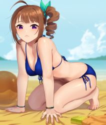 Rule 34 | 1girl, ahoge, all fours, bangle, bare arms, barefoot, beach, bikini, blue bikini, blurry, blurry background, blush, bracelet, breasts, brown hair, cleavage, cloud, drill hair, front-tie top, hair ribbon, idolmaster, idolmaster million live!, idolmaster million live! theater days, jewelry, kamille (vcx68), looking at viewer, medium breasts, ponytail, purple eyes, ribbon, side-tie bikini bottom, side ponytail, sidelocks, sky, swimsuit, thighs, yokoyama nao