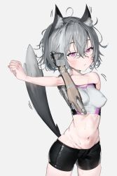 Rule 34 | 1girl, :&lt;, animal ear fluff, animal ears, bike shorts, black shorts, blush, breasts, closed mouth, commission, cowboy shot, crop top, covered erect nipples, fox ears, godekasu, grey background, grey hair, highres, jaana kettu, looking at viewer, mechanical arms, medium breasts, motion lines, navel, original, prosthesis, prosthetic arm, purple eyes, second-party source, short hair, shorts, simple background, skin tight, solo, standing, stretching, tail raised
