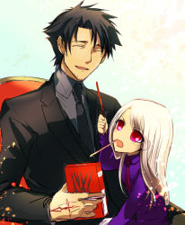 Rule 34 | 1boy, 1girl, ^ ^, age difference, aonome, black hair, box, command spell, emiya kiritsugu, closed eyes, facial hair, fate/stay night, fate/zero, fate (series), father and daughter, feeding, illyasviel von einzbern, necktie, pocky, red eyes, stubble, white hair