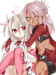 Rule 34 | 2girls, ameman, arms around neck, blush, breasts, chloe von einzbern, cropped jacket, dark-skinned female, dark skin, fate/kaleid liner prisma illya, fate (series), feather hair ornament, feathers, gloves, hair between eyes, hair ornament, half-closed eyes, half updo, hug, illyasviel von einzbern, knees up, layered gloves, long hair, long sleeves, looking at another, looking at viewer, magical girl, midriff, multiple girls, navel, open mouth, orange eyes, pink feathers, pink hair, prisma illya, red eyes, sidelocks, simple background, small breasts, stomach, thighhighs, white background, white hair, yellow eyes