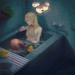 Rule 34 | 1girl, absurdres, amayu hao, arrow (projectile), bath, bathing, bathroom, bathtub, blood, commentary request, completely nude, hair over breasts, highres, holding, holding arrow, indoors, long hair, mermaid, monster girl, nude, original, partially submerged, procreate (medium), rubber duck, shadow, stab, tile floor, tile wall, tiles, water