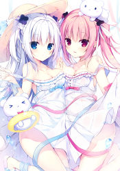 Rule 34 | 2girls, :p, ahoge, animal, animal on head, asymmetrical docking, black flower, blue bow, blue eyes, blue ribbon, blush, bow, breast press, breasts, brown headwear, cleavage, closed mouth, collarbone, commentary request, dress, flower, hair between eyes, hair bow, hair flower, hair ornament, hat, highres, innertube, kneeling, large breasts, long hair, looking at viewer, muku (apupop), multiple girls, on head, original, pink hair, pink ribbon, red bow, red eyes, ribbon, shoes, silver hair, smile, strap slip, sundress, swim ring, tongue, tongue out, twintails, two side up, very long hair, water drop, white bow, white dress, white flower, white footwear