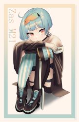 Rule 34 | 1girl, absurdres, ahoge, asymmetrical legwear, bare shoulders, black shirt, blue hair, boots, character name, commission, earrings, full body, girls&#039; frontline, goggles, goggles on head, highres, hugging own legs, jewelry, long sleeves, mismatched legwear, off-shoulder shirt, off shoulder, orange eyes, pixiv commission, ribear 9864, shirt, shoes, short hair, simple background, sitting, solo, striped clothes, striped thighhighs, thighhighs, vertical-striped clothes, vertical-striped thighhighs, zas m21 (girls&#039; frontline)