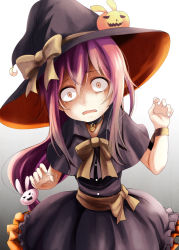Rule 34 | 1girl, alternate costume, rabbit hair ornament, capelet, choker, commentary request, crescent, hair ornament, halloween, hat, kantai collection, kurona, long hair, looking at viewer, open mouth, pink eyes, pink hair, solo, tears, uzuki (kancolle), witch hat