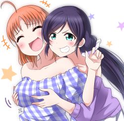 Rule 34 | 2girls, breasts, closed eyes, collarbone, commentary request, grabbing, grabbing another&#039;s breast, grabbing from behind, green eyes, grin, highres, in-franchise crossover, large breasts, laughing, long hair, love live!, love live! school idol project, love live! sunshine!!, low twintails, multiple girls, off-shoulder shirt, off shoulder, orange hair, purple hair, shirt, short hair, smile, takami chika, tojo nozomi, twintails, upper body, zero-theme