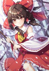 Rule 34 | 1girl, absurdres, ascot, bare shoulders, blurry, blurry background, bow, breasts, brown hair, day, depth of field, detached sleeves, dutch angle, feet out of frame, frilled bow, frilled hair tubes, frilled shirt collar, frills, gohei, hair bow, hair tubes, hakurei reimu, highres, holding, looking at viewer, medium breasts, nontraditional miko, outdoors, petticoat, red bow, red skirt, ribbon-trimmed sleeves, ribbon trim, sarashi, serious, sidelocks, skirt, snowing, solo, touhou, tree, v-shaped eyebrows, wide sleeves, yellow ascot, yosshy