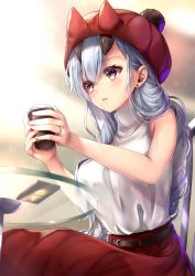 Rule 34 | 1girl, absurdres, bare shoulders, blouse, blush, breasts, earrings, fate/grand order, fate (series), fingernails, hane yuki, hat, highres, holding, jewelry, large breasts, long hair, looking at viewer, parted lips, red eyes, shirt, silver hair, sitting, sleeveless, sleeveless shirt, solo, stud earrings, tomoe gozen (fate), white shirt