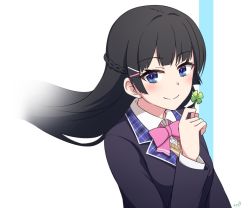Rule 34 | 1girl, black hair, black jacket, blue eyes, blush, bow, bowtie, braid, brown vest, clover, collared shirt, commentary request, floating hair, four-leaf clover, french braid, hair ornament, hairclip, hand up, jacket, long hair, long sleeves, looking at viewer, nijisanji, oyaji-sou, pink bow, pink bowtie, shirt, signature, smile, solo, tsukino mito, tsukino mito (1st costume), upper body, vest, virtual youtuber, white shirt, wing collar