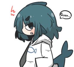 Rule 34 | 1girl, blue eyes, blue hair, blush, clenched teeth, commentary request, fins, fish tail, from side, fuka-chan, highres, hood, hood down, hoodie, looking at viewer, looking to the side, original, profile, shark tail, sharp teeth, short eyebrows, simple background, solo, tail, teeth, thick eyebrows, uni souchou, white background, white hoodie