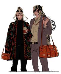 Rule 34 | 2boys, :o, ahoge, alternate costume, alternate hairstyle, androgynous, ashiya douman (fate), asymmetrical hair, bag, bead necklace, beads, bishounen, black eyes, black hair, blue hair, casual, coat, coffee, contemporary, cropped legs, cup, curly hair, disposable cup, earrings, eyeshadow, fate/grand order, fate (series), fingernails, forehead jewel, formal, green lips, grey pants, grey suit, hair between eyes, highres, hya (ohyaarin), jewelry, leather, leather bag, lipstick, long hair, looking at viewer, magatama, magatama earrings, makeup, male focus, multicolored hair, multiple boys, necklace, open clothes, open coat, pants, ponytail, red eyes, sharp fingernails, shi huang di (fate), suit, two-tone hair, very long fingernails, very long hair, waving, white hair