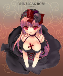 Rule 34 | 1girl, bare shoulders, black dress, breasts, cherrypin, cleavage, cross, dress, covered erect nipples, female focus, from above, goth fashion, gothic lolita, hairband, large breasts, lolita fashion, lolita hairband, long hair, mouth hold, pink hair, red eyes, skull, smile, solo, typo