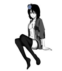 Rule 34 | 1girl, bellbachohu 0930, black hair, breasts, female focus, full body, image sample, konan (naruto), labret piercing, monochrome, naruto (series), naruto shippuuden, open clothes, open shirt, pixiv sample, resized, shirt, simple background, solo, spot color, thighhighs, white background