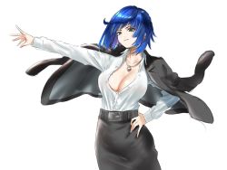 Rule 34 | 1girl, arm up, belt, blouse, blue eyes, blue hair, breasts, genshin impact, highres, jacket, large breasts, looking at viewer, mitsugu, mole, mole on breast, necktie, open clothes, shirt, short hair, simple background, skirt, smile, solo, white background, yelan (genshin impact)