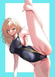 Rule 34 | 1girl, agedashi doufu mk23, aqua border, black one-piece swimsuit, blonde hair, border, breasts, cameltoe, cleft of venus, competition swimsuit, covered navel, green eyes, highleg, highleg swimsuit, highres, large breasts, long hair, one-piece swimsuit, original, simple background, solo, split, standing, standing on one leg, standing split, swimsuit, two-tone background, white background