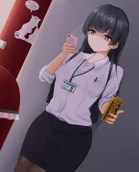 Rule 34 | 1girl, against wall, aged up, alternate hairstyle, alternate universe, black hair, black pantyhose, black skirt, blunt bangs, breast pocket, breasts, can, canned coffee, cellphone, character name, coffee, collar, collarbone, collared shirt, dress shirt, drink can, english text, hair down, highres, holding, holding can, holding phone, idolmaster, idolmaster shiny colors, lanyard, long hair, mayuzumi fuyuko, moriyama a, nail polish, name tag, pantyhose, pen, pencil skirt, phone, pocket, red eyes, screen light, shirt, skirt, sleeves rolled up, small breasts, smartphone, solo, trash can, vending machine, white collar, white shirt