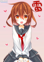 Rule 34 | &gt;:d, 10s, 1girl, :d, bad id, bad pixiv id, brown hair, character name, hair ornament, hairclip, ikazuchi (kancolle), kantai collection, open mouth, personification, school uniform, serafuku, short hair, skirt, smile, solo, straddling, twitter username, v-shaped eyebrows, yadapot