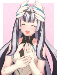 Rule 34 | 1girl, black hair, blush, bridal gauntlets, choker, closed eyes, collar, commission, feather hair ornament, feathered wings, feathers, fire emblem, fire emblem engage, hair ornament, highres, holding, holding jewelry, holding ring, ibushi (oath), jewelry, multicolored hair, nintendo, open mouth, petite, ring, skeb commission, smile, two-tone hair, veyle (fire emblem), white hair, wings