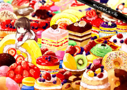 Rule 34 | 1girl, bad id, bad pixiv id, blouse, blueberry, blurry, brown hair, cake, character name, checkerboard cookie, cookie, cupcake, depth of field, doughnut, english text, food, food focus, fruit, heart, ib (ib), ib (kouri), in food, kiwi (fruit), long hair, lying, macaron, mini person, minigirl, mouse1009, naan, orange (fruit), oversized food, oversized object, red eyes, shirt, solo, sprinkles, star (symbol), strawberry, strawberry shortcake, tart (food), white shirt