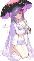 Rule 34 | 10s, 1girl, bad id, bad twitter id, barefoot, bikini, bikini skirt, bikini under clothes, bow, breasts, buun ko, character name, cleavage, fate/extra, fate/stay night, fate (series), front-tie bikini top, front-tie top, full body, hair bow, head tilt, holding, holding umbrella, jacket, kneeling, lab coat, long hair, long sleeves, looking at viewer, matou sakura, medium breasts, navel, parasol, parted lips, petals, pocket, purple eyes, purple hair, simple background, solo, striped bikini, striped clothes, swimsuit, umbrella, very long hair, white background, white jacket