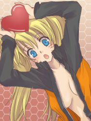 Rule 34 | 1girl, arms up, artist request, black jacket, blonde hair, blue eyes, blush, breasts, breasts apart, collarbone, facial mark, facing viewer, genderswap, genderswap (mtf), hands up, heart, holding, jacket, long hair, long sleeves, looking at viewer, lowres, medium breasts, multicolored clothes, multicolored jacket, naked jacket, naruko (naruto), naruto, naruto (series), naruto shippuuden, no bra, open mouth, orange jacket, sexy no jutsu, solo, tongue, twintails, upper body, uzumaki naruto, whisker markings, whiskers, wide-eyed
