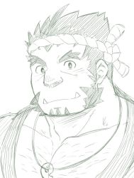 Rule 34 | 1boy, bara, chest hair, commentary request, ei (marutendon), fangs, hachimaki, headband, large pectorals, long sideburns, looking at viewer, magatama, magatama necklace, male focus, mature male, muscular, muscular male, necklace, pectoral cleavage, pectorals, portrait, short hair, sideburns, sketch, smile, solo, tajikarao (housamo), tokyo houkago summoners, traditional media, upper body
