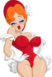 Rule 34 | 1girl, blue eyes, breasts, cameltoe, covered erect nipples, gloves, hands on own hips, hat, large breasts, leotard, lips, looking at viewer, lowres, orange hair, pixel art, red hot riding hood, short hair, simple background, tex avery, warner