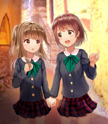 Rule 34 | 2girls, :d, black shirt, blush, brown eyes, brown hair, commentary request, cowboy shot, day, eye contact, green neckwear, hand on own chest, highres, holding hands, light brown hair, long hair, long sleeves, looking at another, mimikaki (men bow), multiple girls, open mouth, original, outdoors, parted lips, plaid, plaid skirt, pleated skirt, pointing, railing, red skirt, school uniform, shirt, sign, skirt, smile, stairs, standing, stone stairs, teeth, two side up, upper teeth only, yuri