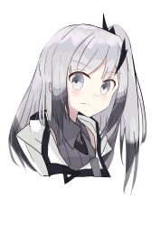 Rule 34 | 1girl, :/, absurdres, allial (coefont), arms at sides, blush, coefont, collared shirt, cropped torso, dot nose, flat chest, gradient hair, grey eyes, grey hair, grey shirt, highres, hood, hood down, hooded jacket, jacket, long hair, looking at viewer, multicolored hair, open collar, parted bangs, shirt, side ponytail, sidelocks, simple background, sleeveless, sleeveless shirt, solo, sose kuwagata, white background, white jacket
