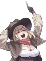 Rule 34 | 1girl, ^ ^, alternate costume, blonde hair, breasts, cleavage, closed eyes, commentary, cowboy, cowboy hat, cowboy western, english commentary, gun, handgun, hat, highres, hololive, hololive english, large breasts, medium hair, mole, mole on breast, monocle, open mouth, revolver, scar, shawl, smile, solo, upper body, virtual youtuber, watson amelia, weapon, western, zedd (zedgawr)