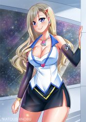 Rule 34 | 1girl, absurdres, blonde hair, blouse, blue eyes, breasts, cleavage, detached sleeves, earrings, eden&#039;s zero, hair ornament, hairclip, highres, jewelry, large breasts, long hair, necklace, rebecca bluegarden, shirt, skirt, smile, solo, white shirt