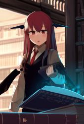 Rule 34 | 1girl, :o, absurdres, bat wings, black vest, blush, book, bookshelf, breasts, commentary request, glowing, hair between eyes, head wings, highres, hinami047, holding, holding book, indoors, koakuma, library, long hair, long sleeves, looking at object, medium breasts, necktie, open book, open mouth, railing, red eyes, red hair, red necktie, sidelocks, solo, touhou, vest, wing collar, wings