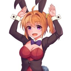 Rule 34 | 10s, 1girl, animal ears, black jacket, blazer, bow, bowtie, breasts, cleavage, detached collar, fake animal ears, jacket, leotard, looking at viewer, open mouth, orange hair, playboy bunny, purple bow, purple bowtie, purple eyes, rabbit ears, rabbit girl, rabbit pose, rabbit tail, red leotard, release the spyce, seraphim throne, side ponytail, simple background, solo, strapless, strapless leotard, tail, upper body, white background, wrist cuffs, yachiyo mei
