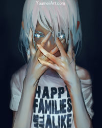 Rule 34 | 1girl, blue eyes, clothes writing, commentary, dark background, english commentary, english text, hands on own face, highres, original, shirt, short hair, solo, t-shirt, upper body, watermark, web address, white hair, yuumei