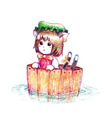 Rule 34 | 1girl, bucket, chen, colored pencil (medium), female focus, in bucket, in container, solo, terrajin, touhou, traditional media, water