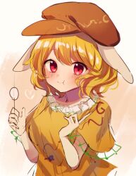 Rule 34 | 1girl, animal ears, blonde hair, blush, breasts, brown hat, closed mouth, dango, eating, food, frills, hair between eyes, hands up, hat, heart, highres, holding, holding food, looking at viewer, medium breasts, moshihimechan, one-hour drawing challenge, orange background, orange shirt, rabbit ears, rabbit girl, red eyes, ringo (touhou), shirt, short hair, short sleeves, simple background, smile, solo, t-shirt, touhou, wagashi, white background
