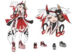 Rule 34 | 1girl, fangs, flat chest, full body, gekitetsu, highres, horns, japanese clothes, kimono, mask, mask on head, multicolored hair, open mouth, original, pointy ears, red hair, shoes, sketch, sneakers, thighhighs, two-tone hair, white background, white hair, white thighhighs, yellow eyes