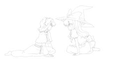 Rule 34 | 2girls, alice margatroid, bad id, bad pixiv id, eye contact, female focus, greyscale, hairband, hat, kirisame marisa, kiriu, looking at another, monochrome, multiple girls, profile, short hair, sitting, touhou, witch, witch hat