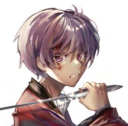 Rule 34 | 1girl, antenna hair, blood, blood on face, commentary, english commentary, holding, kabocha1408, looking at viewer, needle sword, parted lips, purple eyes, purple hair, short hair, solo, sukuna shinmyoumaru, teeth, touhou, upper body