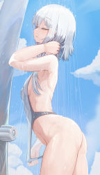 Rule 34 | 1girl, ass, backless swimsuit, blue sky, breasts, closed eyes, closed mouth, clothes pull, cloud, cowboy shot, day, from side, frontal wedgie, genek, highres, one-piece swimsuit, one-piece swimsuit pull, original, outdoors, pointy ears, short hair, showering, sideboob, sky, small breasts, solo, swimsuit, thighs, water, wedgie, wet, white hair