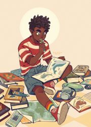 Rule 34 | 1boy, artist name, beaniewinnie96, black hair, book, candy, candy bar, commentary, dark-skinned male, dark skin, dated, denim, denim shorts, eating, english commentary, food, gus porter, headphones, highres, kneehighs, lgbt pride, male focus, picture book, pointy ears, reading, shirt tucked in, shoes, short hair, short sleeves, shorts, sitting, sneakers, socks, solo, the owl house, very dark skin, whale, white background