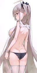 Rule 34 | 1girl, absurdres, asla yu, ass, azur lane, back, black panties, black ribbon, breasts, butt crack, commentary request, formidable (azur lane), grey hair, hair ribbon, halo, highres, long hair, looking away, looking to the side, medium breasts, panties, red eyes, ribbon, sideboob, simple background, solo, thighhighs, underwear, very long hair, white background, white thighhighs, wrist cuffs
