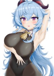 Rule 34 | 1girl, absurdres, ahoge, arm under breasts, arm up, armpits, artist name, bare arms, bell, black legwear, black leotard, blue hair, blush, bodystocking, bodysuit, breasts, covered navel, ganyu (genshin impact), genshin impact, highres, horns, large breasts, leotard, leotard under clothes, long hair, looking at viewer, low ponytail, neck bell, no gloves, open mouth, purple eyes, rebelium, sidelocks, sleeveless, smile, solo, standing, thighs, white background