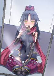 Rule 34 | 1girl, android, ayuayu (shouyu no sato), black hair, blush, breasts, cellphone, covered navel, fate/grand order, fate (series), katou danzou (fate), long hair, looking at viewer, phone, ponytail, scarf, sitting, smartphone, solo, yellow eyes