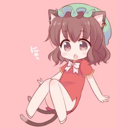 Rule 34 | 1girl, animal ears, bad id, bad pixiv id, blush stickers, bow, brown eyes, brown hair, cat ears, cat tail, chen, chestnut mouth, china dress, chinese clothes, dress, earrings, hat, jewelry, looking at viewer, mashiro miru, mob cap, multiple tails, nekomata, nyan, open mouth, pink background, pink bow, pink ribbon, ribbon, short hair, simple background, solo, tail, touhou, translation request