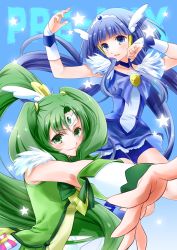 Rule 34 | 10s, aoki reika, blue dress, blue eyes, blue hair, blue skirt, choker, cure beauty, cure march, dress, green dress, green eyes, green hair, green skirt, hair tubes, head wings, long hair, magical girl, midorikawa nao, multiple girls, ooshima tomo, outstretched arm, outstretched hand, ponytail, precure, sidelocks, skirt, smile, smile precure!, tiara, tri tails, wings, wrist cuffs, yuri