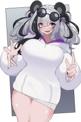 Rule 34 | 1girl, animal ears, arknights, bare hips, bare legs, black hair, breasts, dr yamero, eyewear on head, feater (arknights), grey hair, highres, large breasts, panda ears, plump, red eyes, sweater, thick thighs, thighs, white sweater