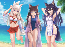 Rule 34 | 3girls, :d, absurdres, adapted costume, animal, animal ear fluff, animal ears, arm up, armpits, arms behind head, arms up, bare shoulders, barefoot, bikini, bird, black hair, blue flower, blue one-piece swimsuit, blue sky, blush, breasts, brown eyes, cat ears, closed mouth, cloud, cloudy sky, collarbone, commentary request, covered navel, day, detached sleeves, dress, fang, feet out of frame, flower, folded ponytail, fox ears, fox girl, fox tail, groin, hair between eyes, hair flower, hair ornament, hairclip, hand up, hands in hair, highres, horizon, iroha (iroha matsurika), koyoi (iroha (iroha matsurika)), kunoichi-chan (iroha (iroha matsurika)), leaning to the side, long hair, long sleeves, looking at viewer, medium breasts, multiple girls, mutsuki (iroha (iroha matsurika)), navel, no panties, ocean, off shoulder, old school swimsuit, one-piece swimsuit, open mouth, original, outdoors, palm tree, pelvic curtain, pleated skirt, purple eyes, purple flower, red skirt, school swimsuit, sideboob, skirt, sky, sleeveless, sleeveless dress, small breasts, smile, standing, standing on one leg, swimsuit, tail, thighs, tree, very long hair, water, white bikini, white dress, white hair, white sleeves, wide sleeves, wolf ears, wolf girl, wolf tail, x hair ornament